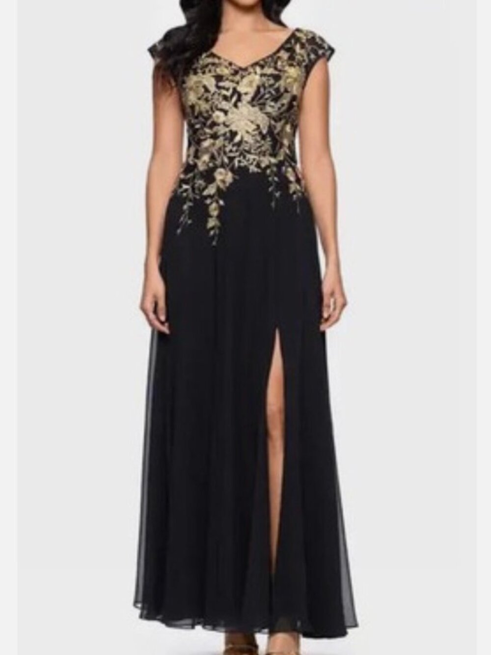 NWT Betsy & Adam Black Gold Embroidered Embellished Bodice Chiffon Maxi. Sz 14P